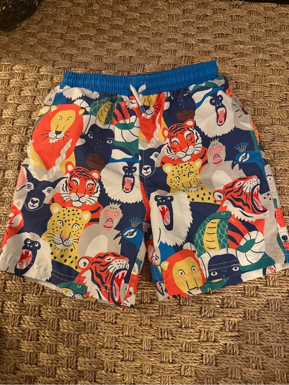 Mini Boden Blue Multicolor Animal Print Swim Trunks